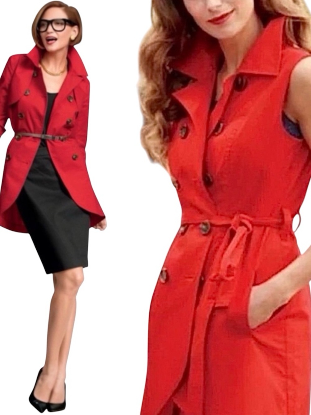 CAbi Convertible Jacket Red Trench Coat Vest Size 4